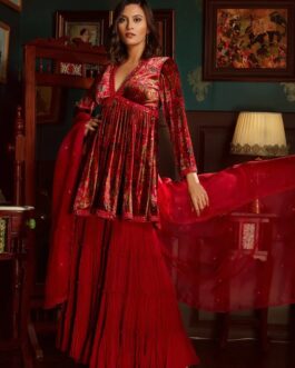 Red Printed Velvet Sharara set