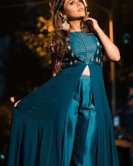 TEAL GREEN FRONT OPEN ANARKALI WITH CHANDERI PANTS