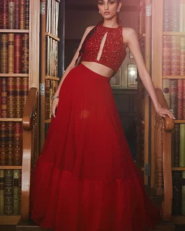 AMNA SHARIF IN RED HALTER SEQUINS EMBELLISHED BLOUSE AND LEHENGA