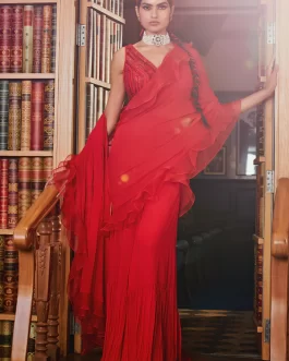 RED PRE STITCHED RUFFLED SAREE WITH BLOUSE