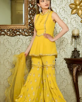 MUSTARD KURTI WITH EMBROIDERED FLARED PANTS