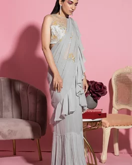 GREY EMBROIDERED RUFFLE SAREE AND BLOUSE