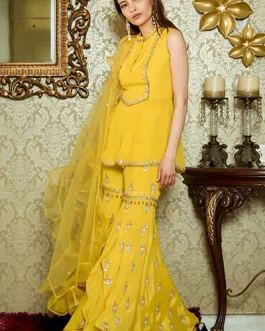 MUSTARD KURTI WITH EMBROIDERED FLARED PANTS