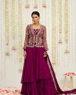 PLUM EMBROIDERED JACKET BUSTIER AND SKIRT SET