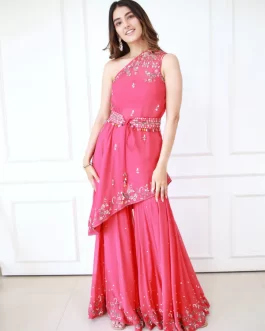 MEHER IN CORAL RED ONE SHOULDER SHARARA