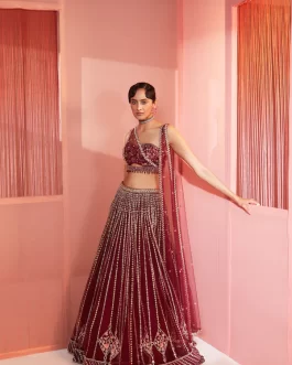 PLUM EMBROIDERED LEHENGA AND BLOUSE WITH DOUBLE DUPATTA