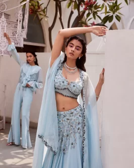 ICE BLUE EMBROIDERED LEHENGA BLOUSE WITH CAPE
