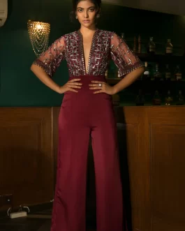 BURGUNDY JUMPSUIT WITH FLARED SLEEVES