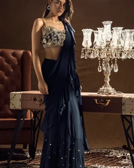 BLUE RUFFLE SAREE AND BUSTIER